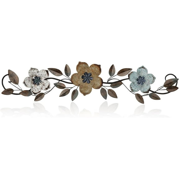Metal Flower Wall Decor Vintage Metal Flower Wrought Iron Scroll Sculptures 15.75 x 3.7 Inch Farmhouse Leaves Scroll Wall Decor Above Door Bed Home for Living Room Bedroom Outdoor(Colorful)