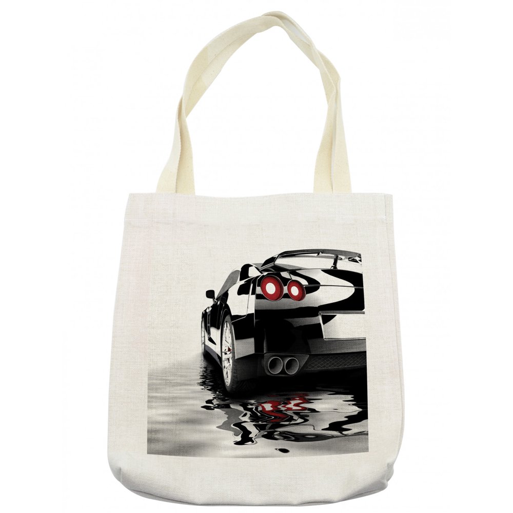 Cars Tote Bag, Modern Dark Car Water Reflection Prestige Fast Engine