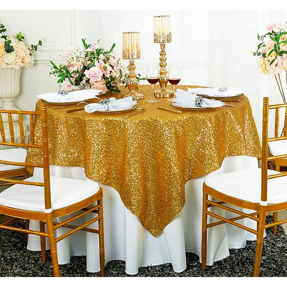 Wedding Linens Inc. 72" x72" Square Sequin Table Overlay Toppers Tablecloth - Gold