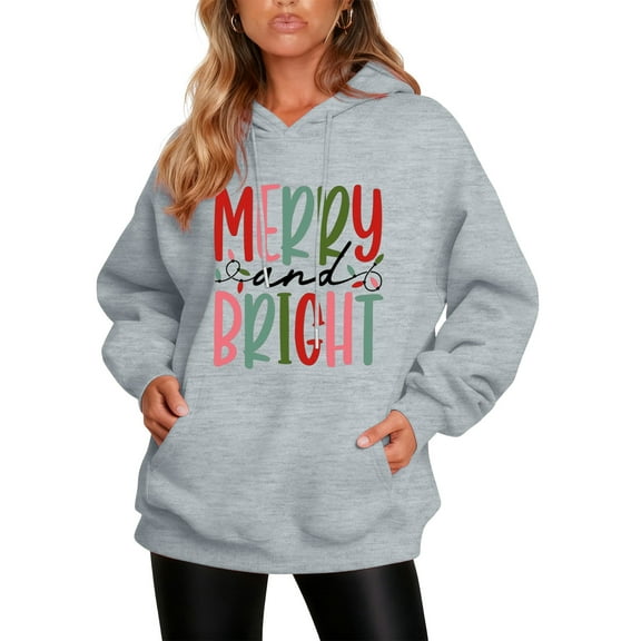 Women's Christmas Letter Hooded Sweatshirt, Merry and Bright Design, Comfortable Long Sleeve Pullover for Women, Festive Holiday Wear,Light Gray,XL