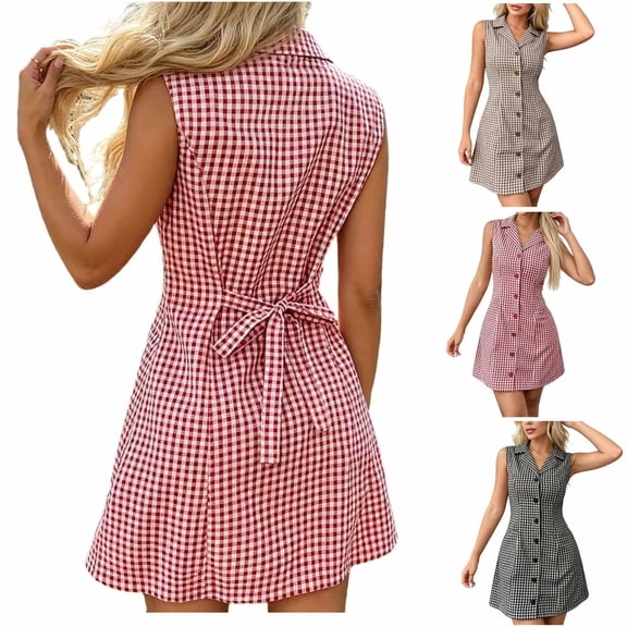 Miluxas Women's Summer Plaid Button Down Shirt Dress Cute Lapel Sleeveless Gingham A Line Mini Dress Lace Up Back Slim Fit Short Dress Red