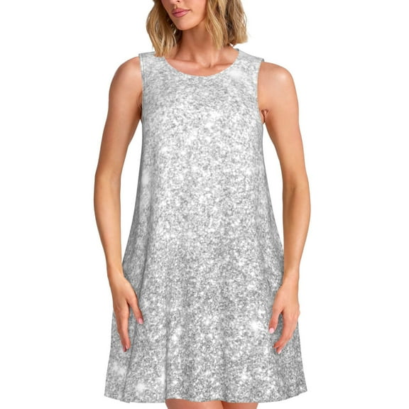 Kuqiui Silver Glitter for Women's Sleeveless A-Line Dress with Pockets, Casual Knee Length Loose Tank Dress for Summer