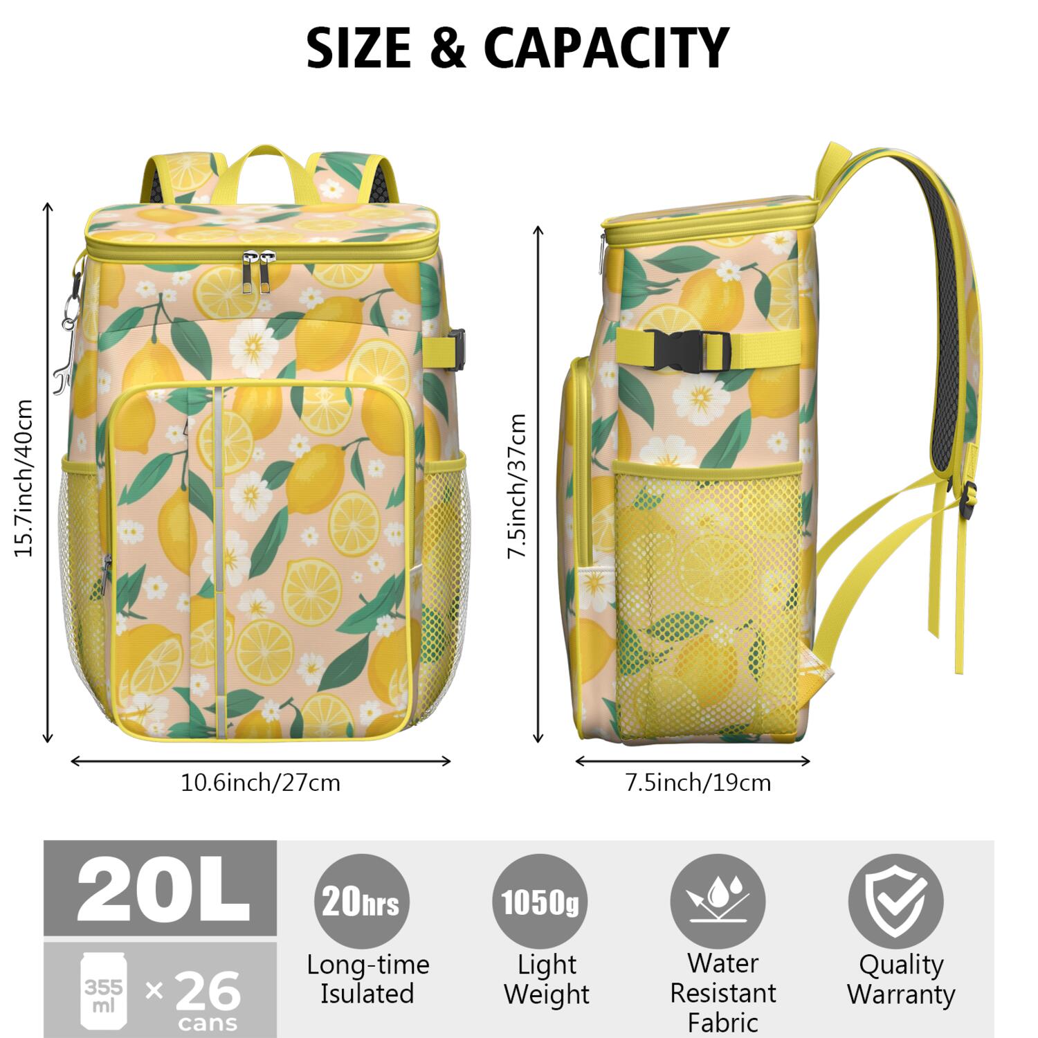 Travel Cooler Bag - Lemon Camping Beer Cooler Backpack with Bottle Opener- Waterproof Insulated Picnic Backpacks - Cooler Bag for Beach