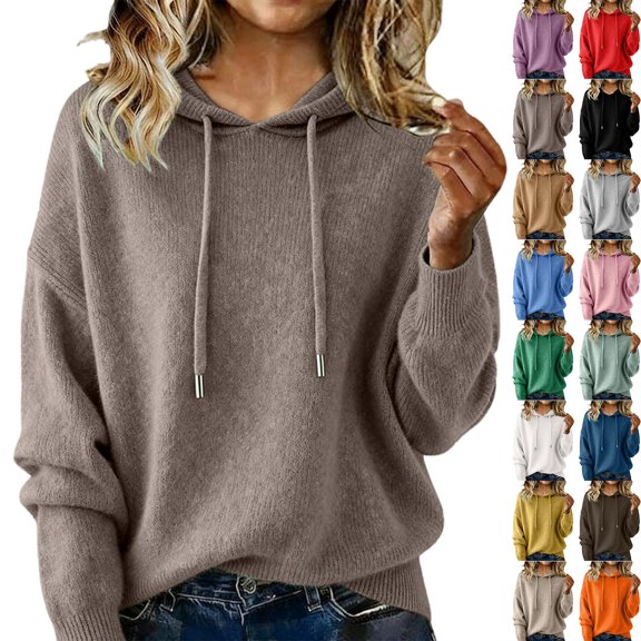 Women's Long Sleeved Solid Color Hooded Pullover Knitted Sweater Tops
