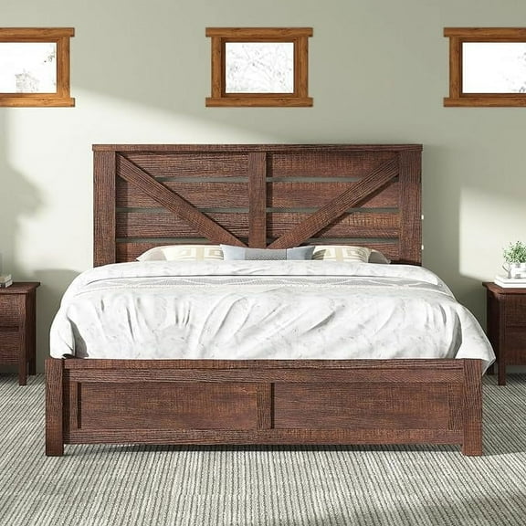 Papajet Queen Size Farmhouse Bed Frame with Barn Door Headboard, Wood Slats and Storage Space, Brown