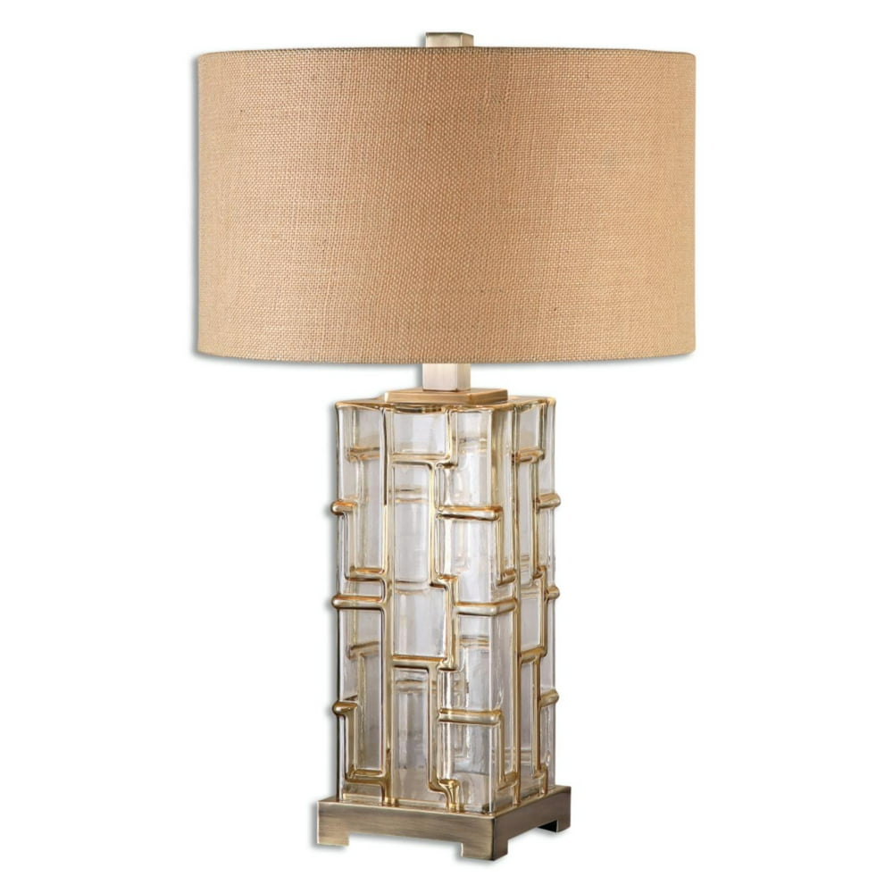 26.25" Embossed Geometric Amber Glass Table Lamp with Open Weave Drum