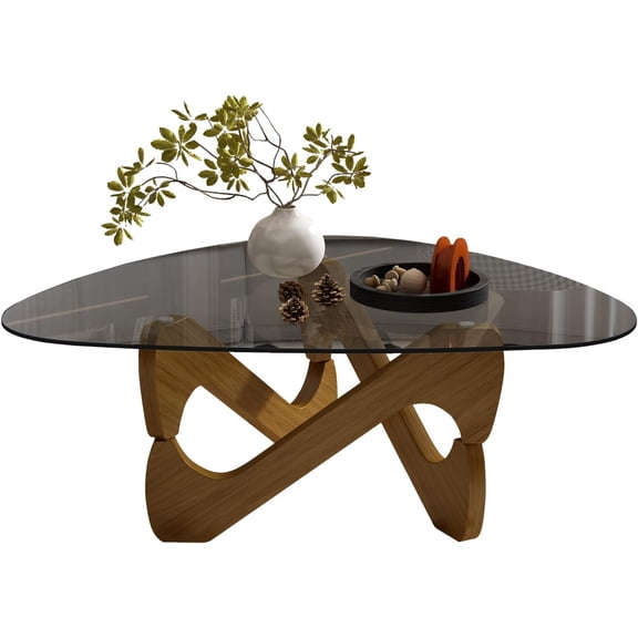 YWEN 32.28" Oval Glass Coffee Table with Loop Walnut Wood Base, Mid Century Modern Coffee Table, Sleek Coffee Tables, Suitable for Bedroom Living Room Reception Office Tables, Walnut