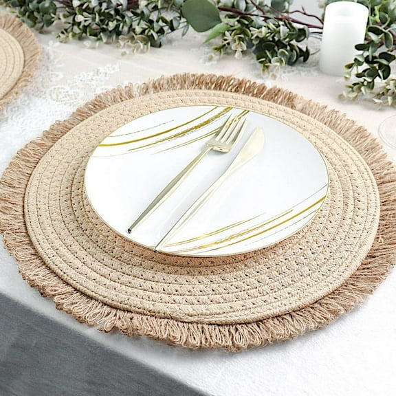BalsaCircle 4 Natural 15 in Round Burlap Jute Placemats Fringed Trim Party Events Home Decorations Supplies