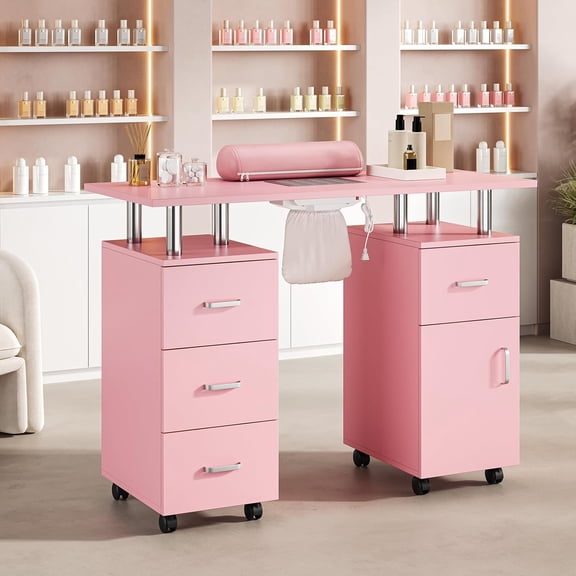 Nail Desk Station for Nail Tech with Electric Downdraft Vent & Locking Castors & Wrist Cushion, Beauty Salon Resistant with Drawers & CabinetManicure Table Nail Desk for Spa Beauty Salon