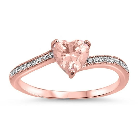 Simulated Morganite CZ Heart Ring Rose Gold-Toned Sterling Silver Size 10