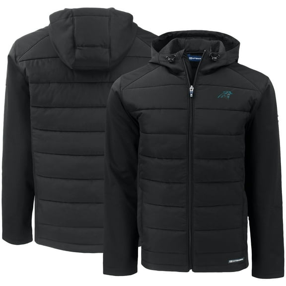 Men's Cutter & Buck Black Carolina Panthers  Evoke PrimaLoft Hybrid Eco Softshell Recycled Full-Zip Hooded Jacket