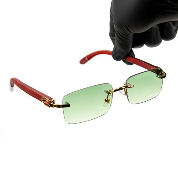 Green Tint Rimless Woodgrain Mens Women's Retro 90's Hip Hop Sunglasses