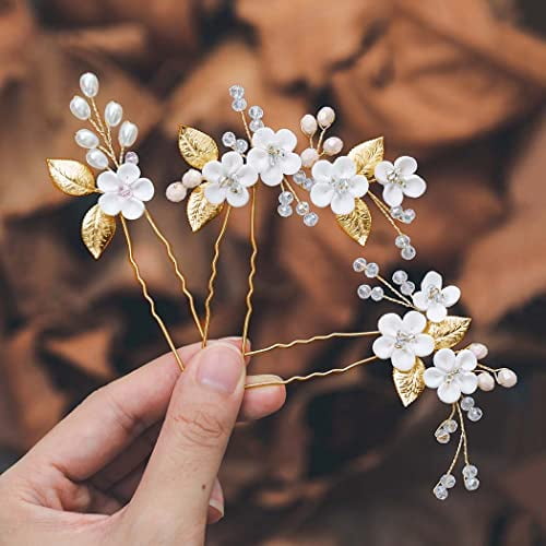 3pk Flower Bridal Hair Pins Pearl Rhinestone Wedding Hair Piece Bride Wedding Flower Hair Pins 3 Pack Gold Pearl Crystal  main image 3