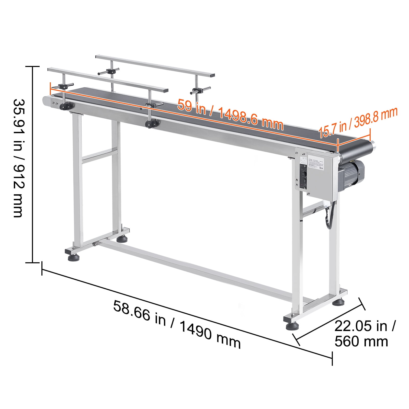 KFFKFF Motorized Conveyor Belt, 59x15.7 in, Durable Stainless Steel, Ideal for Inkjet Coding, Features Anti-Static PVC, Adjustable Speeds with Dual Guardrails