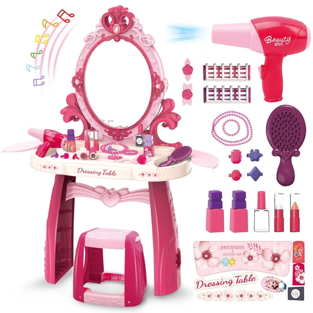 Juguete de mesa de maquillaje para niños pequeños con espejo y silla para niñas