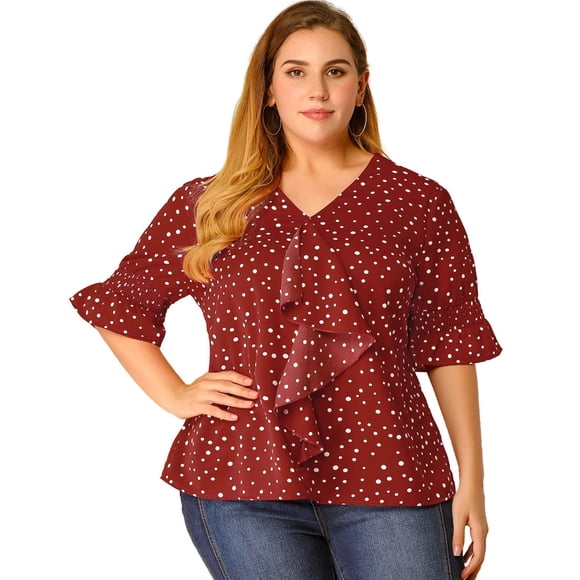 BluCon Volantes Cuello En V Mangas Fruncidas TalGrande PaMujer Rojo Blanco 4X