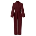 thumbnail image 6 of Jumpsuit Women Casual Jumpsuits Loose Fit Belted Dressy Long Sleeve Crewneck Autumn Jumpsuit Long Wide Legs Formal Rompers,Red Women'S Polyester Jumpsuit S, 6 of 7