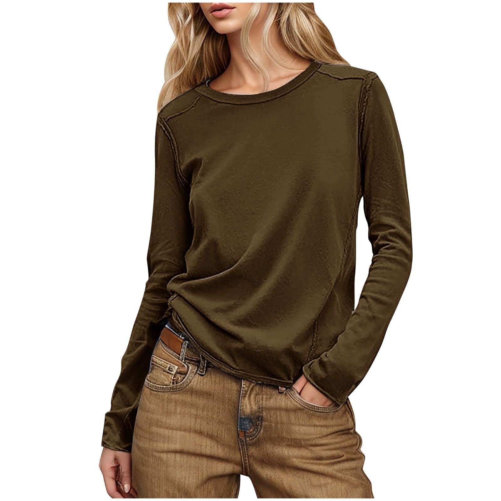 T-shirt Femme Manches Longues Col Rond - Tissu Doux Extensible, Coupe Ajustée - Basique Décontracté Pour Automne
