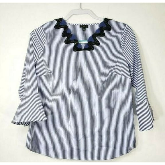 Talbots Women Top Small S Blue Stripe 3/4 Bell Sleeve Blouse Shirt V Lace Neck