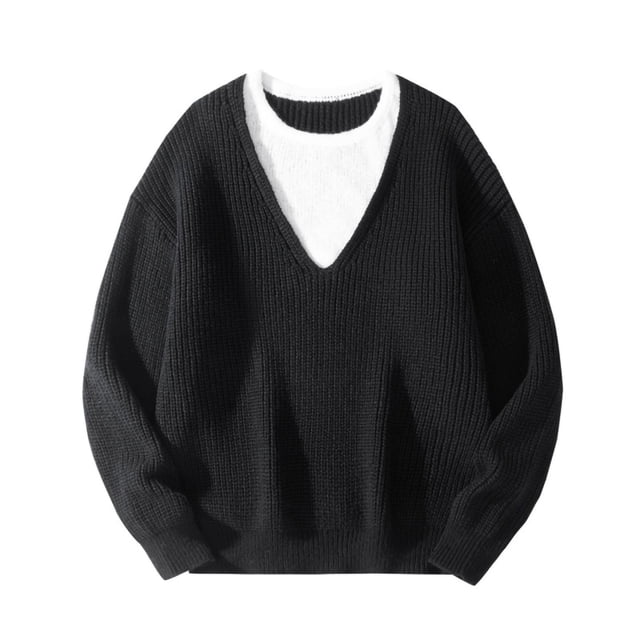 Mens Sweater,Casual Knitted Pullover Fake 2 Piece Top Spliced Warm Base,Sweaters for Men