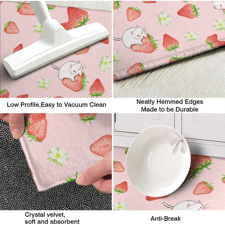 Strawberry Cat Kitchen Mats Set 2 Piece Pink Strawberry cat Decorative Rugs  for Kitchen Low-Profile Strawberry Cat Floor Mats Decorations for Home  Kitchen (17x48+17x24 Cute CAT Kitchen Rug) 