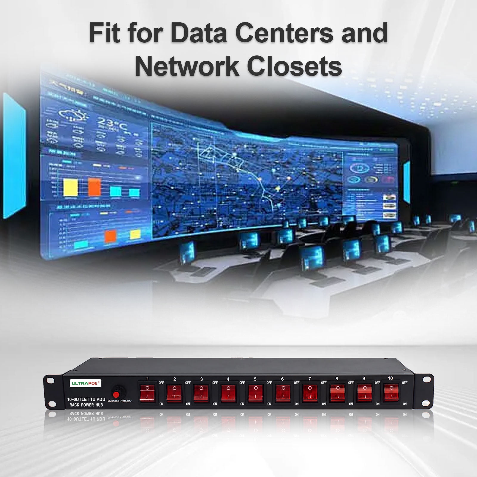 ULTRAPOE PDU Power Strip Surge Protector, 10-Outlet, 1U Network-Grade, Full Metal, Rackmount