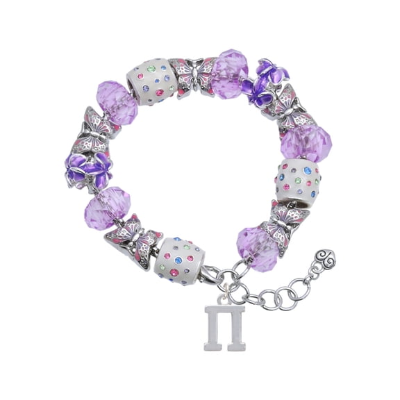 Delight Jewelry Silvertone Large Greek Letter - Pi - Purple Butterfly Bead Charm Bracelet, 7" 1" Extender