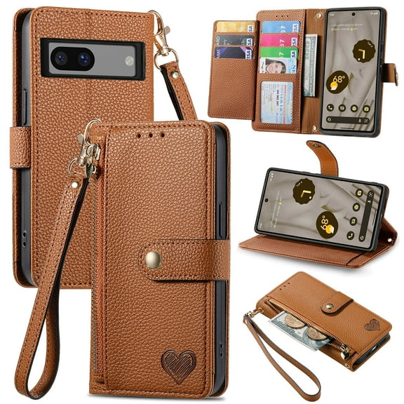 Mantto Zipper Wallet for Google Pixel 7a,Durable PU Leather Heart Pattern Magnetic Clasp Folio RFID Blocking Credit Card Slots Flip Kickstand Shockproof Purse Phone Case with Wrist Strap,Brown
