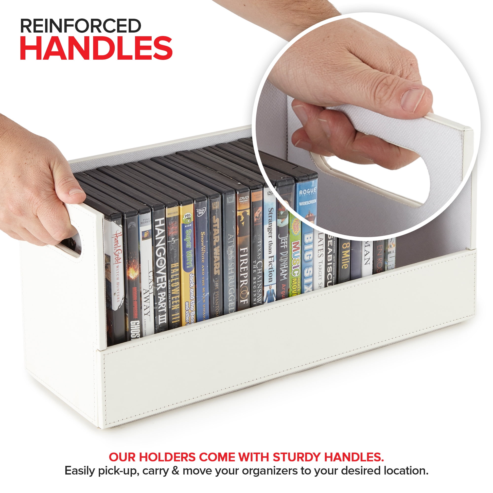 Stock Your Home DVD Storage Box, Movie Shelf Organizer for Blu-Ray, Video Game Cases, CDs, VHS Tape Display Stand, Disc Holder Can Store Up to 28 DVDs, Faux Leather (White)