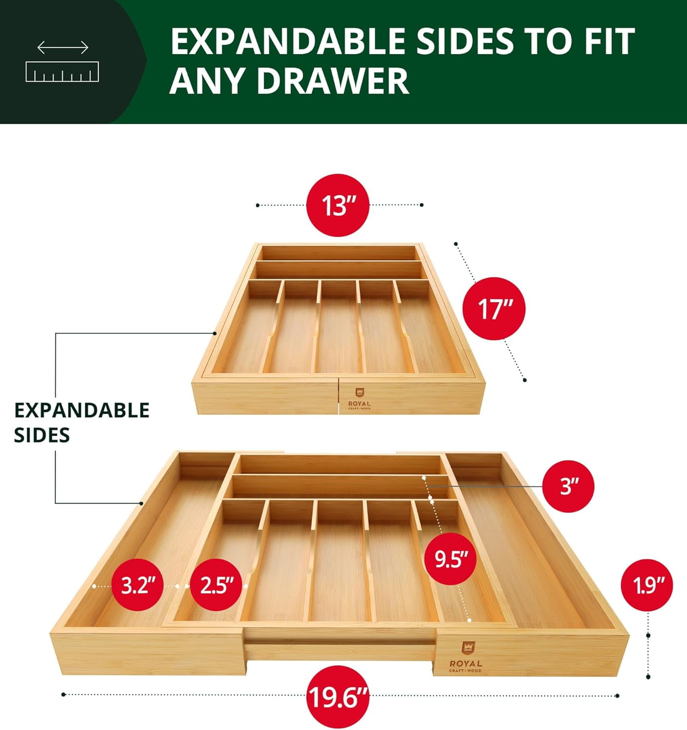 Royal Craft Wood Luxury Bamboo Kitchen Drawer Organizer - Silverware Organizer - Utensil Holder and Cutlery Tray with Grooved Drawer Dividers for Flatware and Kitchen Utensils (9 Slot, Natural)