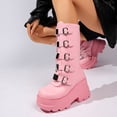 thumbnail image 5 of SACFOF Women's Pink Platform Boots Wedge Combat Gothic Chunky Heel Mid Calf Punk Motorcycle Shoes, 5 of 6