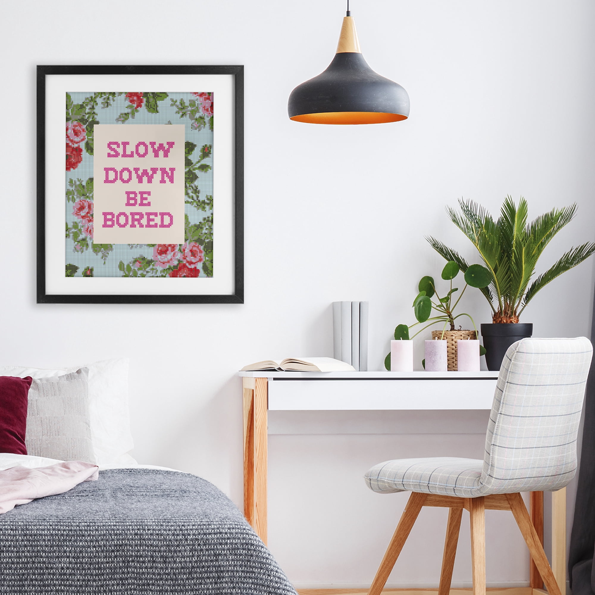 Stupell Industries Slow Down Be Bored Faux Cross Stitch Black Framed Print Under Glass, design by Lil' Rue