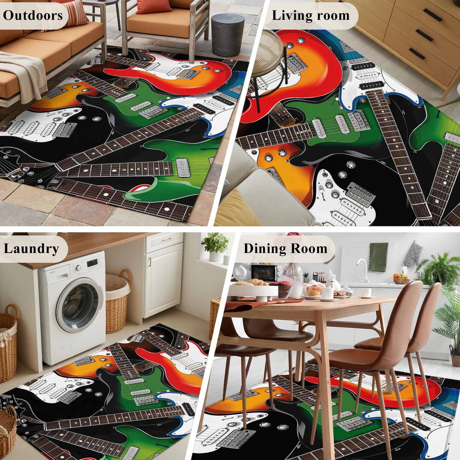 Area Rugs for Living Room Bedroom, Guitar 4'x6' Rug Washable Carpet Runner Indoor Outdoor, Cartoon Modern Colorful Guitars Non Slip Accent Floor Mats Rug for Kitchen, Office