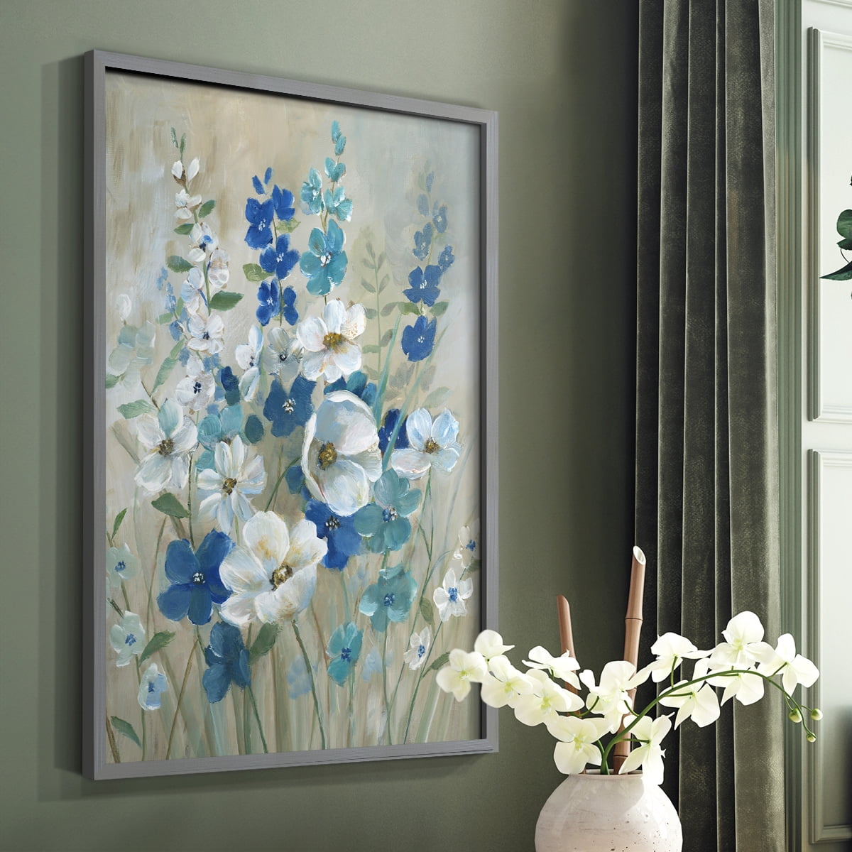 Blue Garden I Framed Print in Gray Solid Wood Framed Print No Nail Hanging