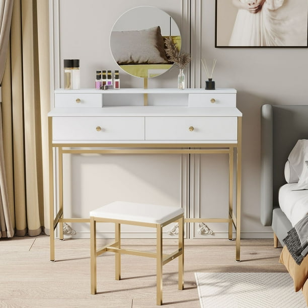 Vanity Table with Round Mirror, Modern 4 Drawers Makeup Dressing Desk