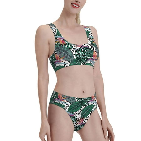 Uemuo Tropical Leaves Printed Women s High Waisted Bikini Sets Sporty Two Piece Swimsuits Color Block Cheeky High Cut Bathing Suits-