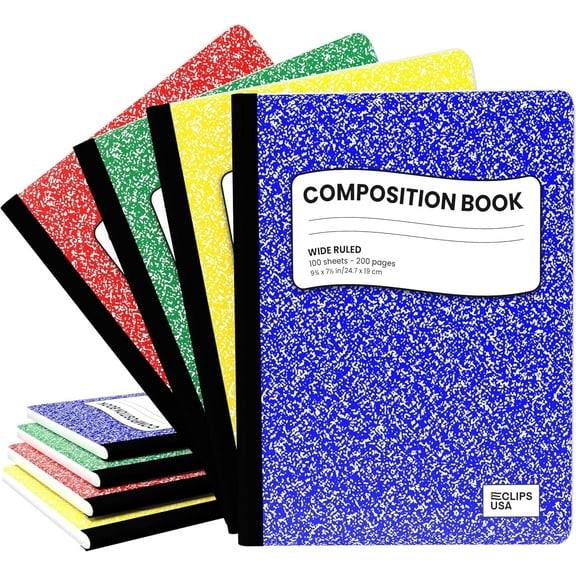 E-CLIPS USA Wide Ruled Notebooks and Hard Cover Composition Notebooks with Marble Design, 4-Pack