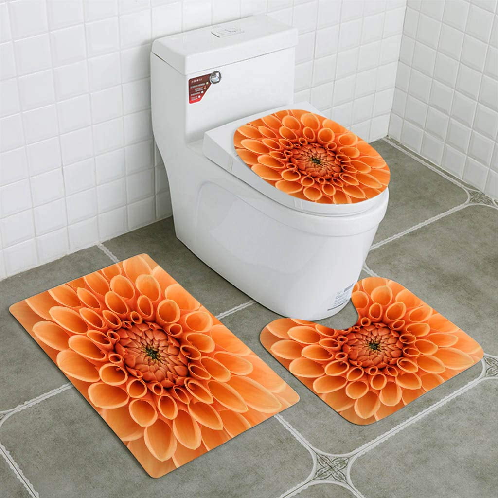 CHAPLLE Orange Dahlia Macro 3 Piece Bathroom Rugs Set Bath Rug Contour