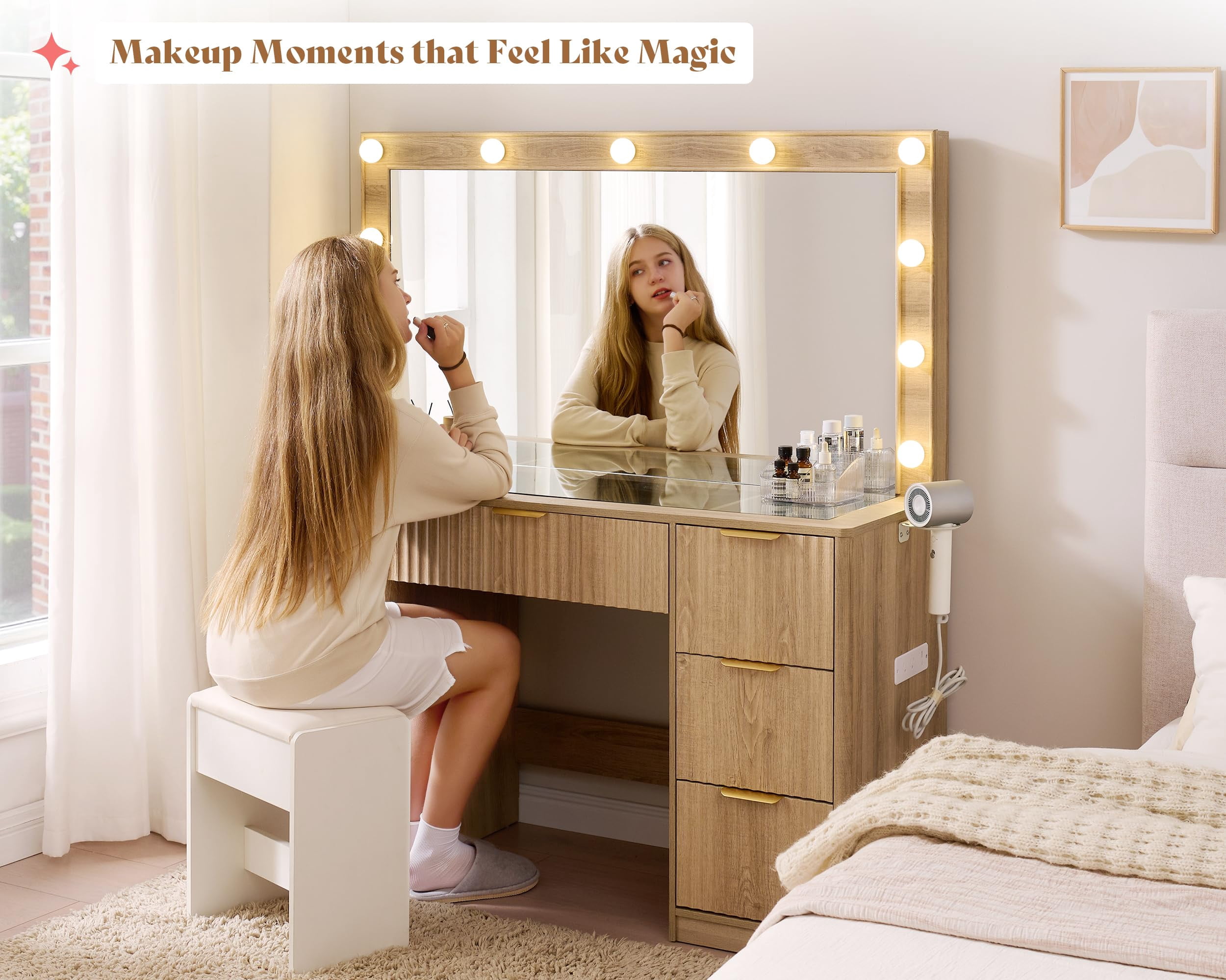 Merluxy 47.2" Girls Vanity Desk with Large Mirror and Adjustable LED Lights, 7 Drawers Makeup Table with Glass Top and Charging Station, Oak