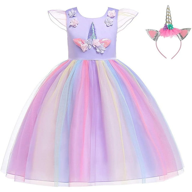 Unicorn Robe pour Filles Costume Unicorn Concours Princesse Robe de Fête avec Bandeau Unicorn pour Filles de 3 à 9 Ans