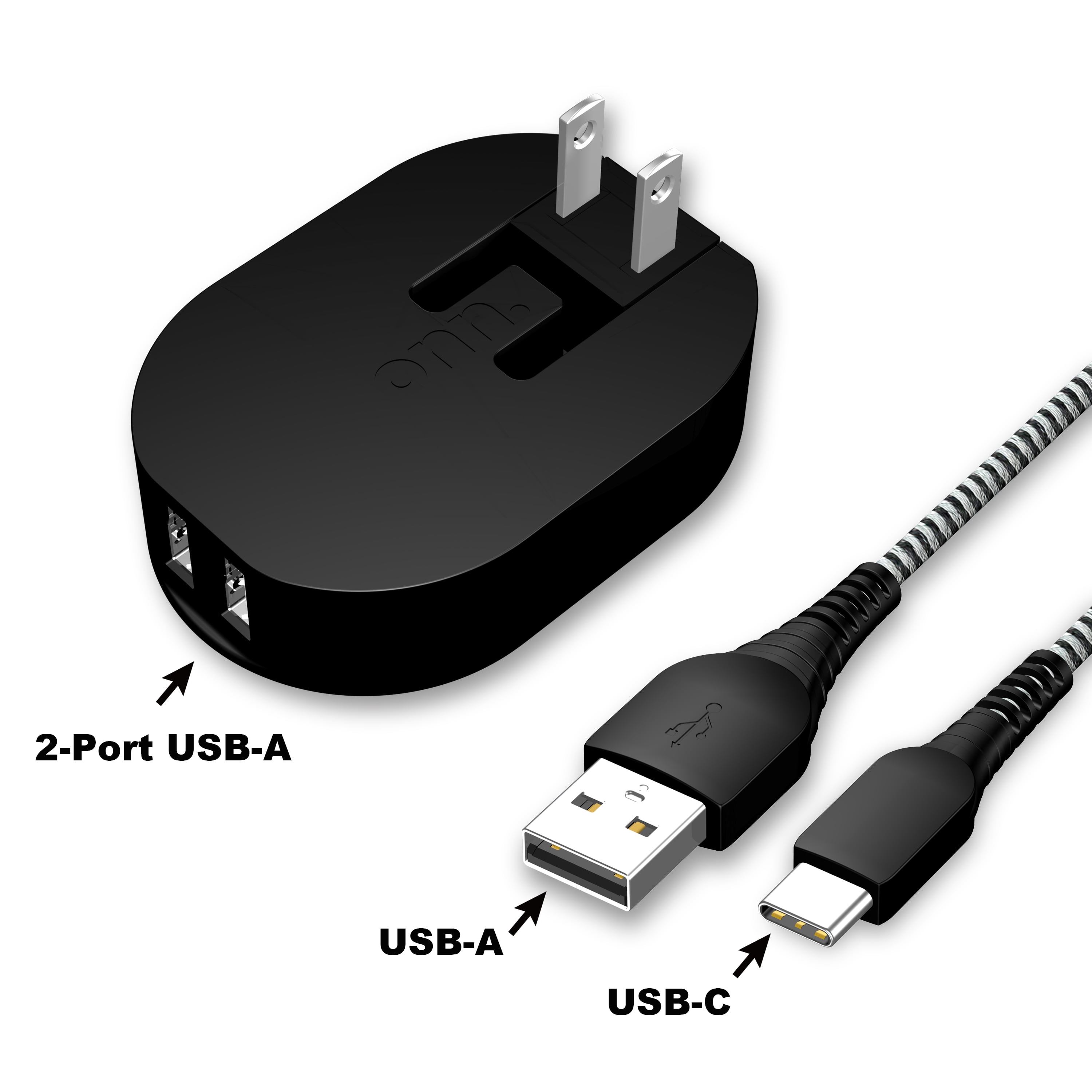 onn. Dual-Port Wall Charging Kit with USB-C to USB Cable