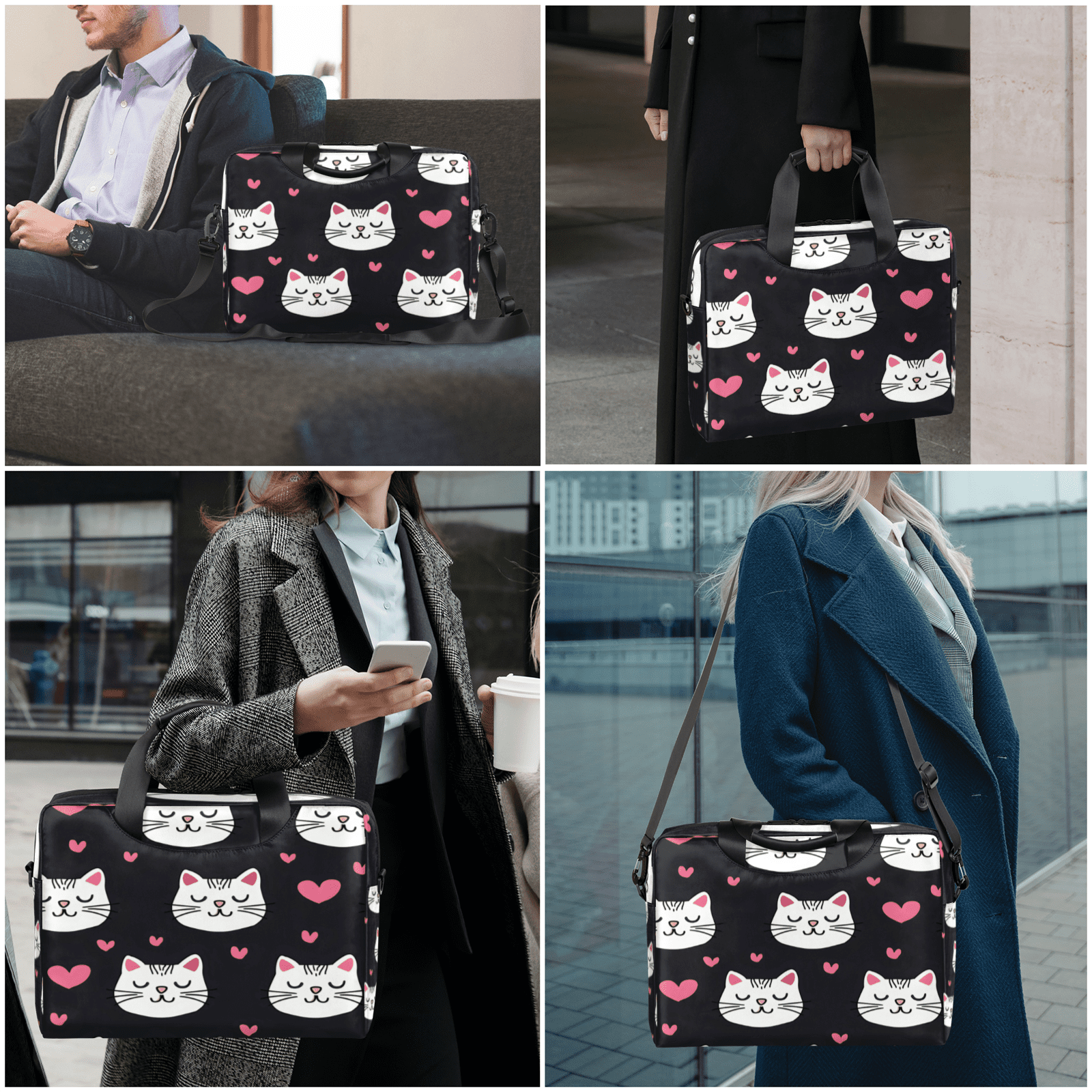Herdesigns Cute Cat Laptop Bag for Women Men, Computer Case Briefcase Messenger Bags, 15-15.6 inch Laptop Sleeve Shoulder Bag