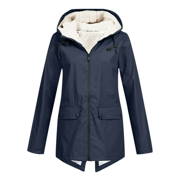 Avamo Ladies Outwear Sherpa Lined Hooded Coat Zip Up Parka Jacket Waterproof Windbreaker Hiking Trench Coats Navy Blue L
