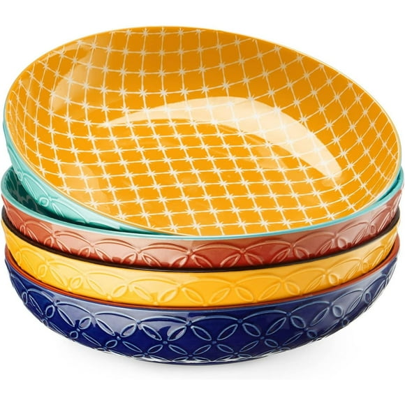 DOWAN Pasta Bowls, 35 oz Large Salad Bowls, 8.5" Serving Bowls Porcelain Prep Plates Bowls Set of 4, Wide and Shallow Bowls for Kitchen, Pasta, Salad, Ideal Gift Home Decor, Vibrant Color
