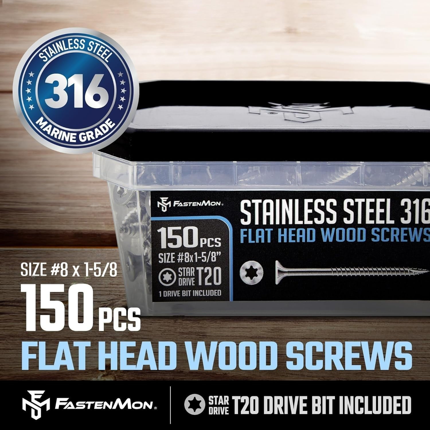 FM FASTENMON #8 x 1-5/8 inch 316 Stainless Steel Wood Screws, T20 Star Drive, 150 pack