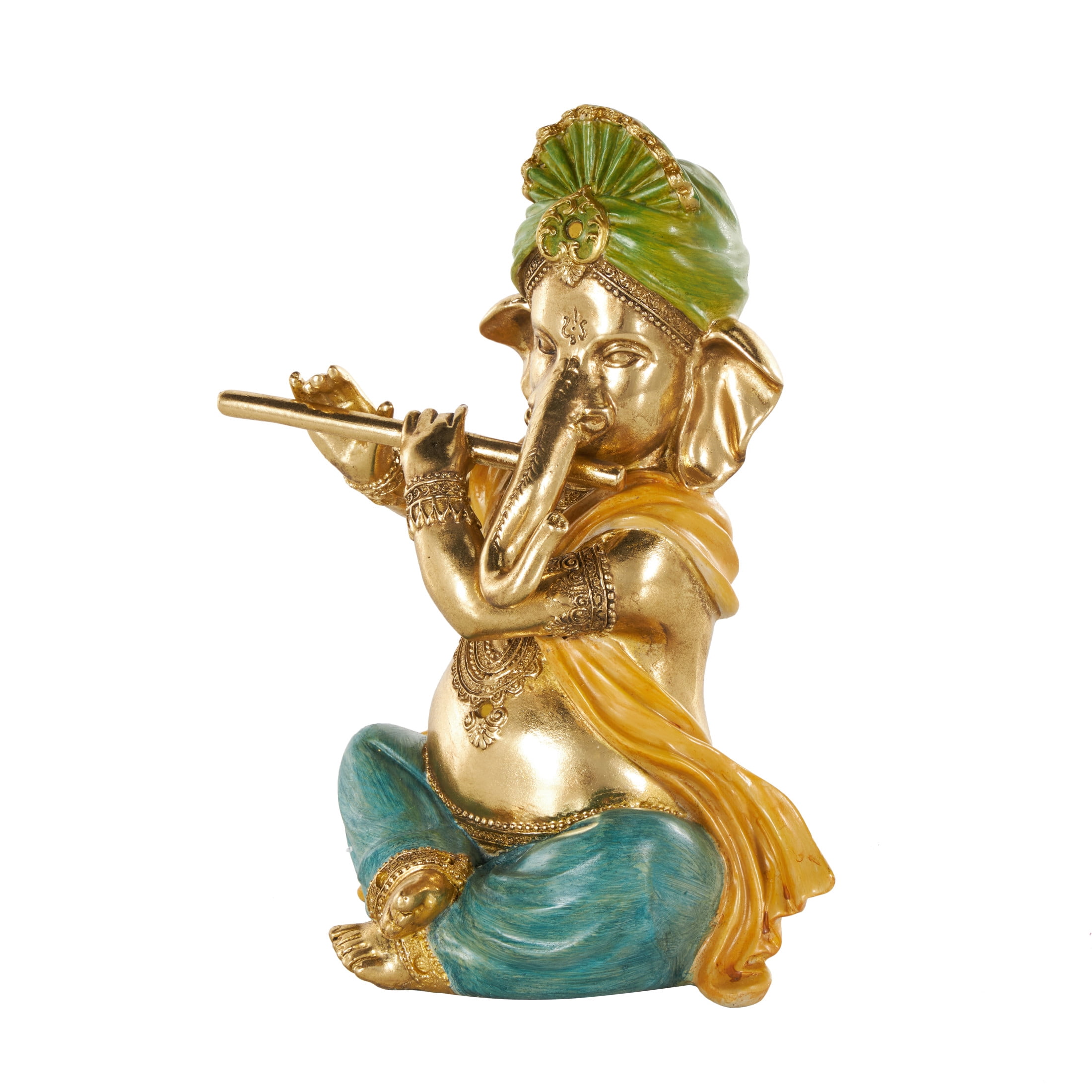 9" x 11" Gold Resin Musician Ganesh Sculpture with Green, Yellow, and Teal Accents, by DecMode