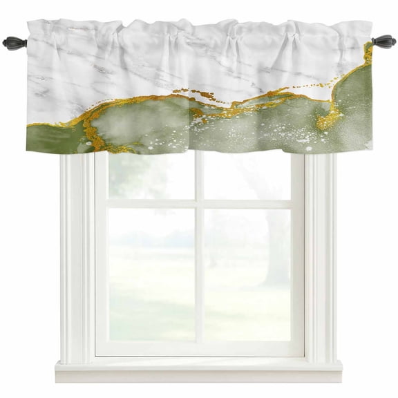 Green Gold Marble Farmhouse Short Window Curtain Valances, Modern Abstract Marble Crack Texture Rod Pocket Kitchen Valances for Living Room Bedroom Bathroom Cafe 42" x 18"