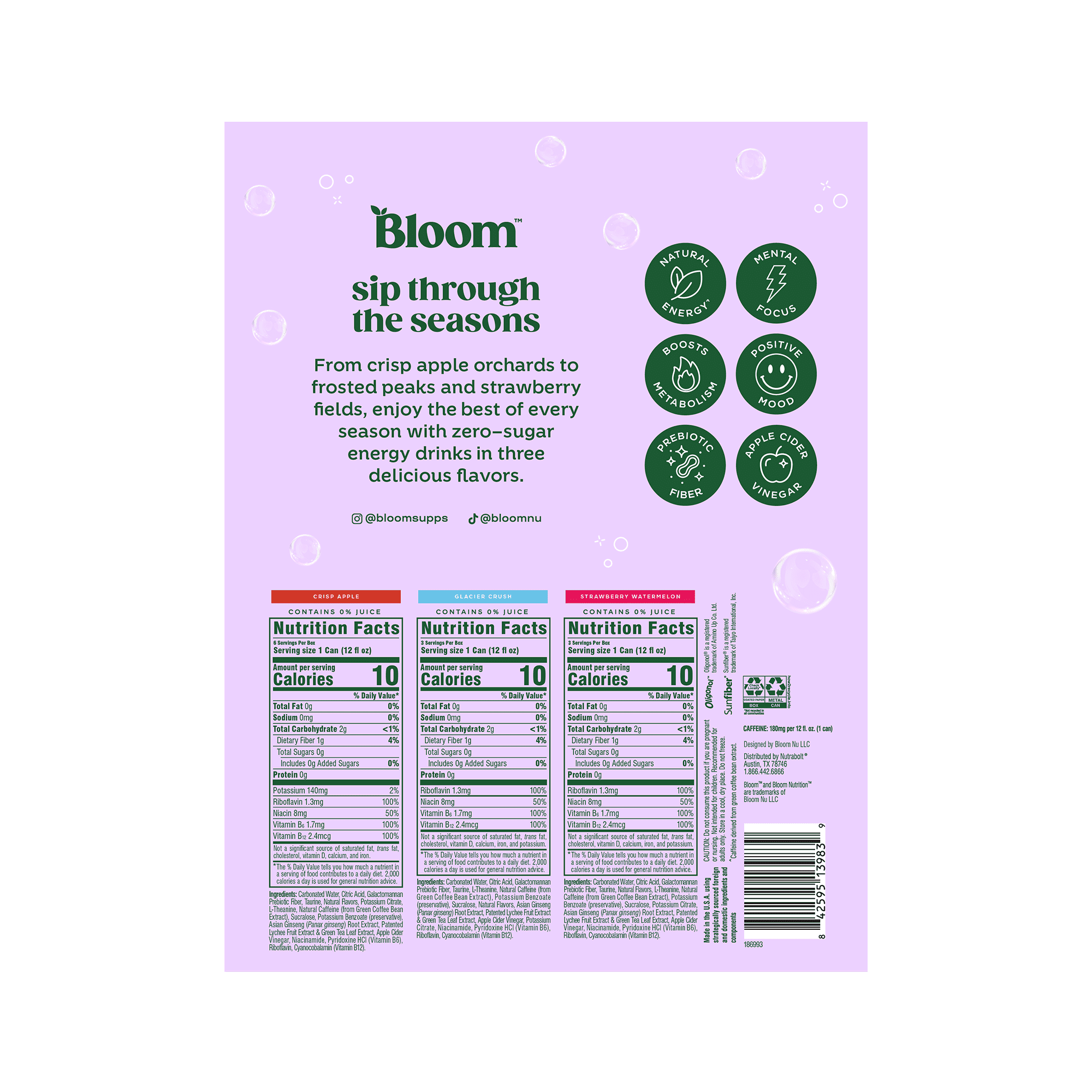 Bloom Sparkling Energy Drinks Seasonal Favorites Variety Pack, 12 fl oz, 12 pack