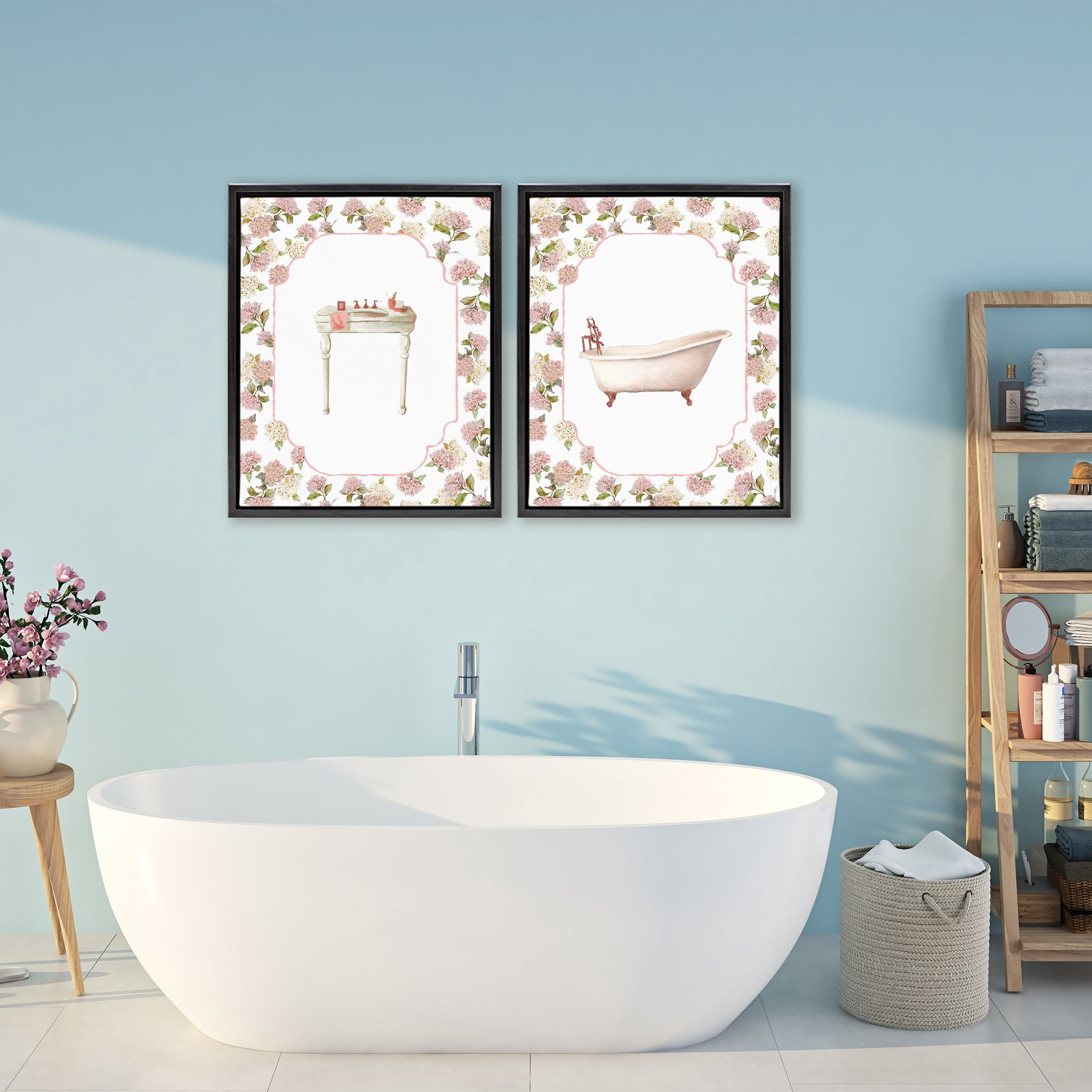 Stupell Industries Elegant Hydrangeas Bathroom 2 Piece Black Framed Floater Canvas Set, design by Carol Robinson