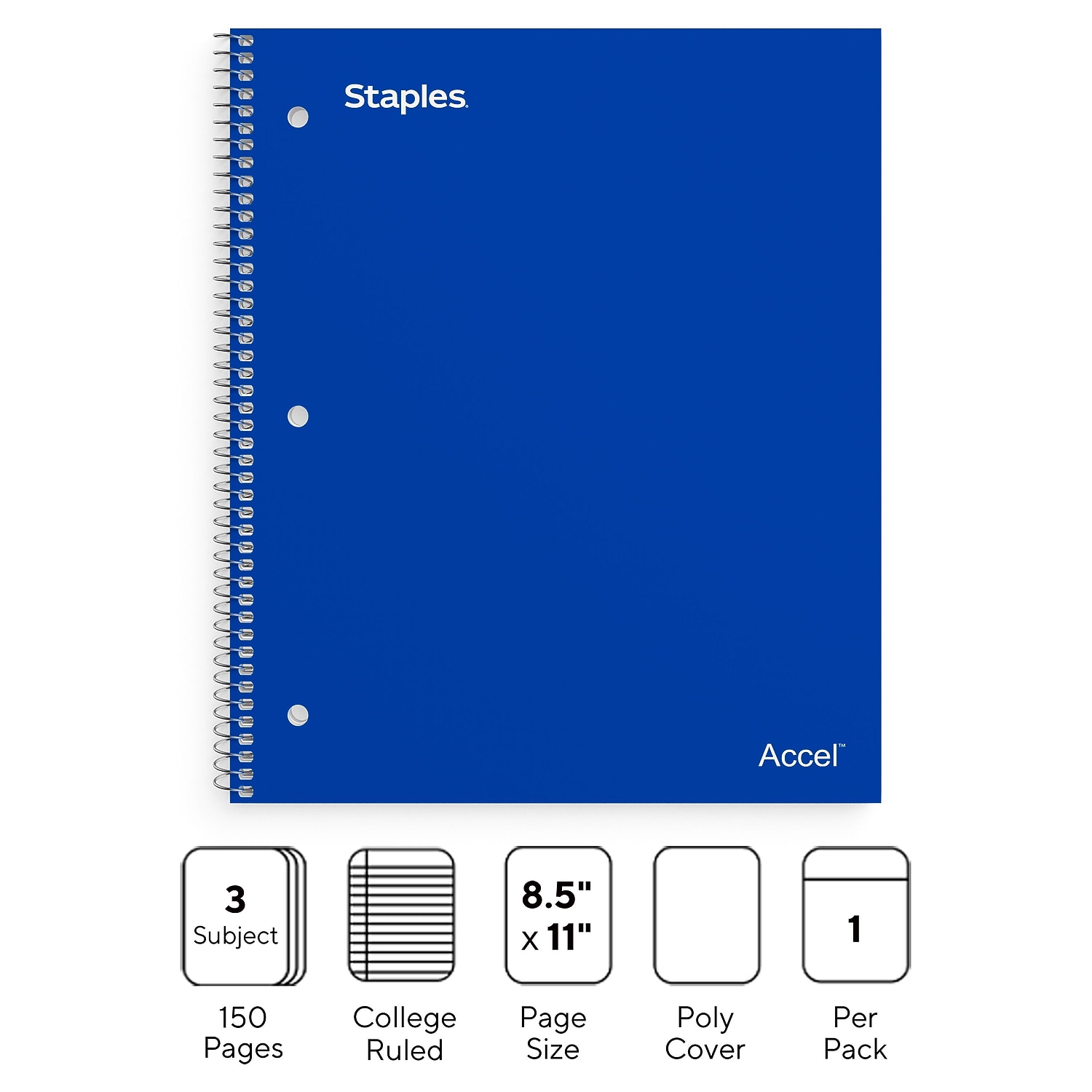 Staples Premium 3-Subject Notebook 8.5" x 11" College Ruled 150 Sheets Blue (TR58314) ST58314DVS
